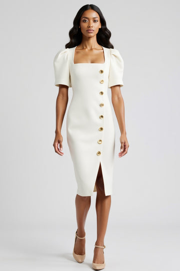 White Bodycon Work Dress with Buttons